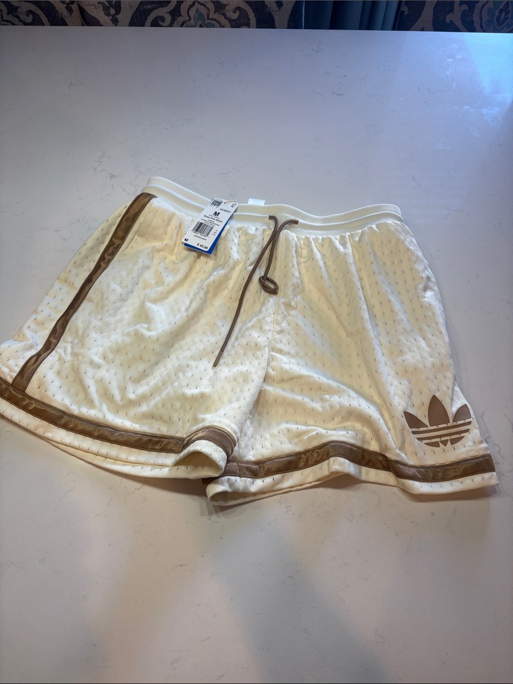 adidas Cream Athletic Mesh Shorts with Brown Trim